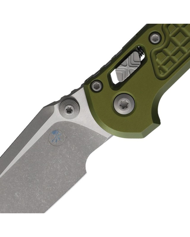 Microtech LUDT M390MK steel, Apocalyptic finish, Tanto blade with frag pattern, OD Green aluminium handle, RAM Lock