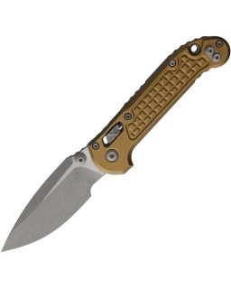 Microtech LUDT M390MK steel Drop Point Apocalyptic finish blade frag pattern Tan aluminum handle RAM Lock