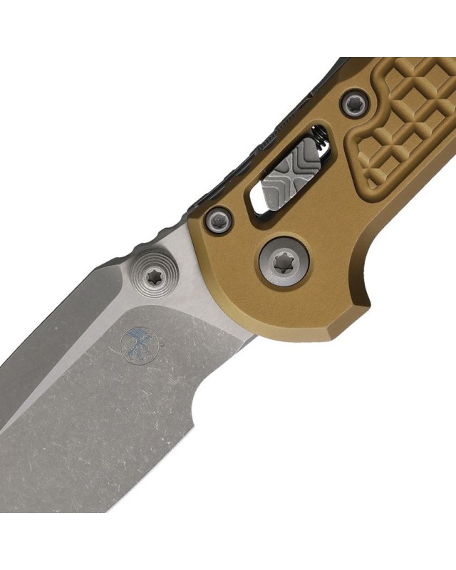Microtech LUDT M390MK steel Drop Point blade with ‘Apocalyptic’ finish and fragmentation pattern, tan aluminium handle, RAM Lock