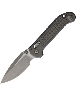 Microtech LUDT M390MK steel Drop Point Apocalyptic finish blade frag pattern Grey aluminum handle RAM Lock