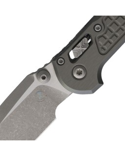 Microtech LUDT M390MK steel Drop Point Apocalyptic finish blade frag pattern Grey aluminum handle RAM Lock
