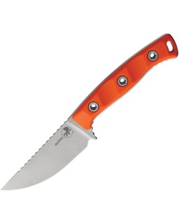 Microtech AKRIS stonewash finish Bohler M390MK stainless blade orange G10 handle chocolate brown leather sheath