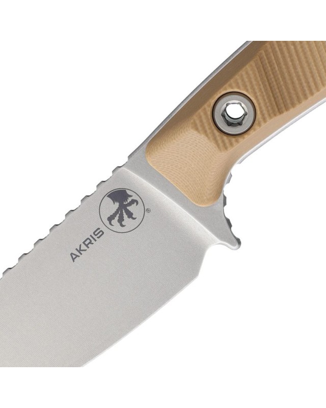 Microtech AKRIS stonewash finish Bohler M390MK stainless blade tan G10 handle tan kydex sheath