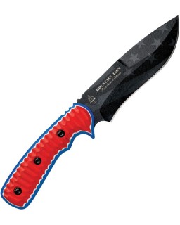 TOPS Knives Mountain Lion Freedom Edition black coated 1095HC steel blade red white blue sculpted G10 handle