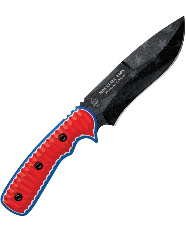 TOPS Knives Mountain Lion Freedom Edition black coated 1095HC steel blade red white blue sculpted G10 handle