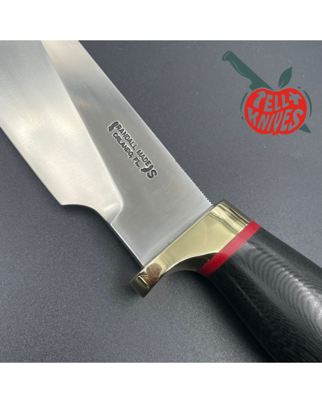 Randall Made Knives Kochmesser aus geschmiedetem Edelstahl mit schwarzem Micarta-Griff, Messingparier und brauner Lederscheide