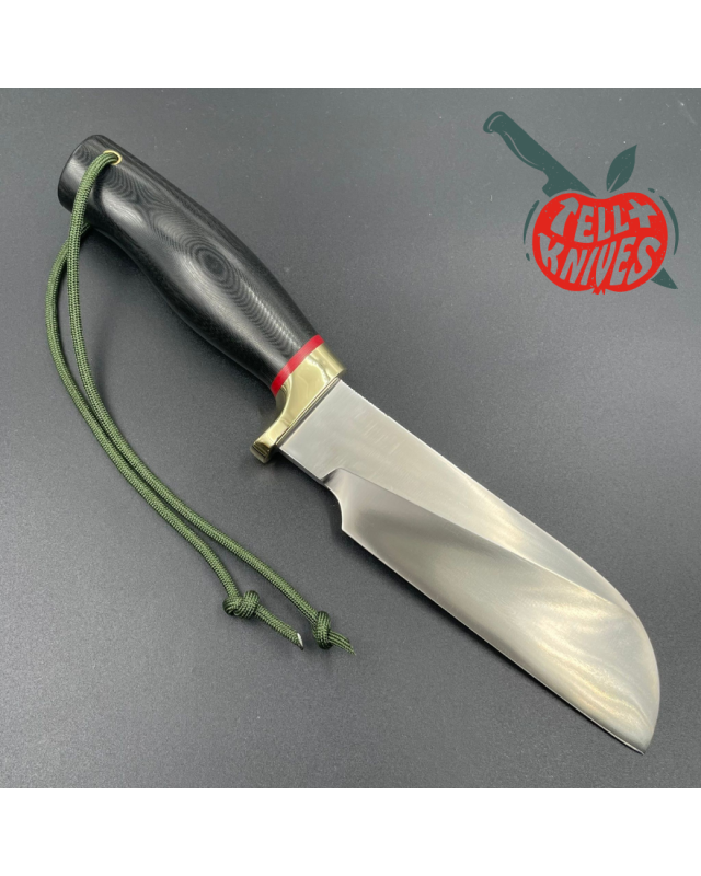 Randall Made Knives Kochmesser aus geschmiedetem Edelstahl mit schwarzem Micarta-Griff, Messingparier und brauner Lederscheide