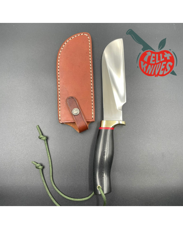 Randall Made Knives Kochmesser aus geschmiedetem Edelstahl mit schwarzem Micarta-Griff, Messingparier und brauner Lederscheide
