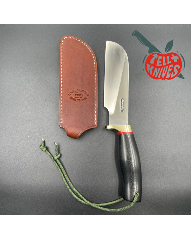 Randall Made Knives Kochmesser aus geschmiedetem Edelstahl mit schwarzem Micarta-Griff, Messingparier und brauner Lederscheide