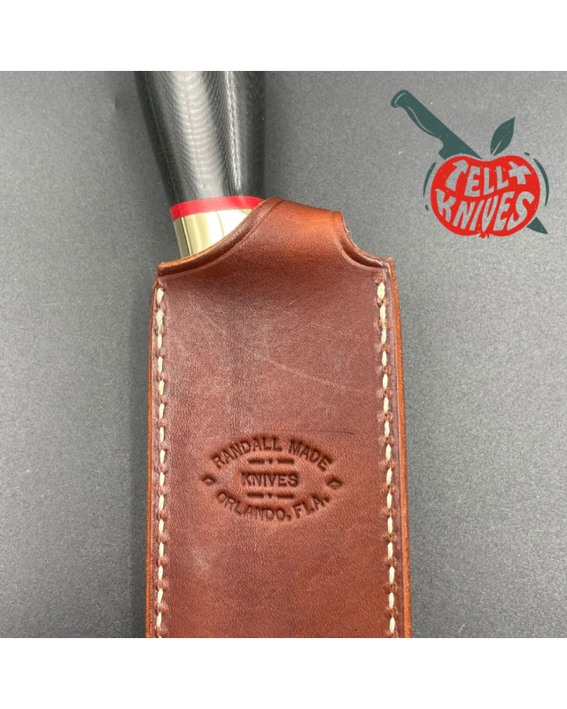 Randall Made Knives Kochmesser aus geschmiedetem Edelstahl mit schwarzem Micarta-Griff, Messingparier und brauner Lederscheide