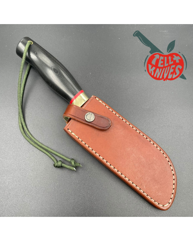 Randall Made Knives Kochmesser aus geschmiedetem Edelstahl mit schwarzem Micarta-Griff, Messingparier und brauner Lederscheide