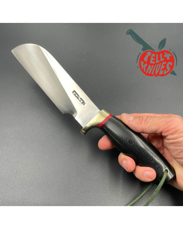 Randall Made Knives Kochmesser aus geschmiedetem Edelstahl mit schwarzem Micarta-Griff, Messingparier und brauner Lederscheide
