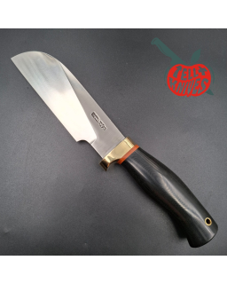 Randall Made Knives Chef's Knife forged stainless steel black micarta handle brass guard brown leather sheath