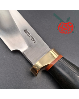 Randall Made Knives Chef's Knife forged stainless steel black micarta handle brass guard brown leather sheath