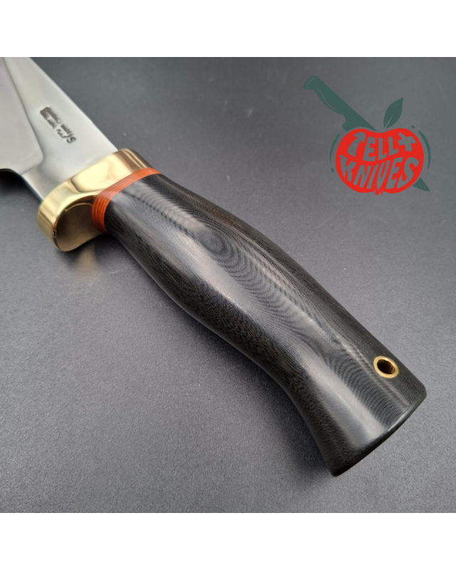 Randall Made Knives Chef's Knife forged stainless steel black micarta handle brass guard brown leather sheath