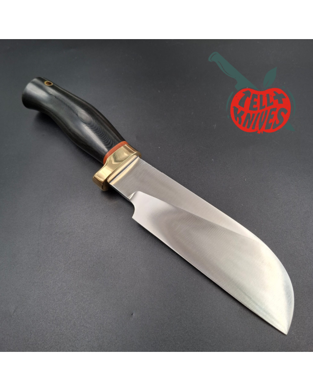 Randall Made Knives Chef's Knife forged stainless steel black micarta handle brass guard brown leather sheath