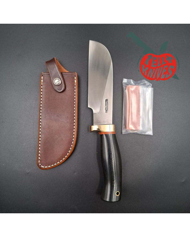 Randall Made Knives Chef's Knife forged stainless steel black micarta handle brass guard brown leather sheath