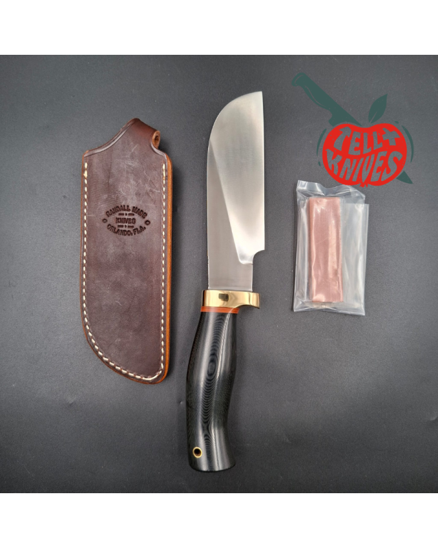 Randall Made Knives Kochmesser aus geschmiedetem Edelstahl mit schwarzem Micarta-Griff, Messingparier und brauner Lederscheide
