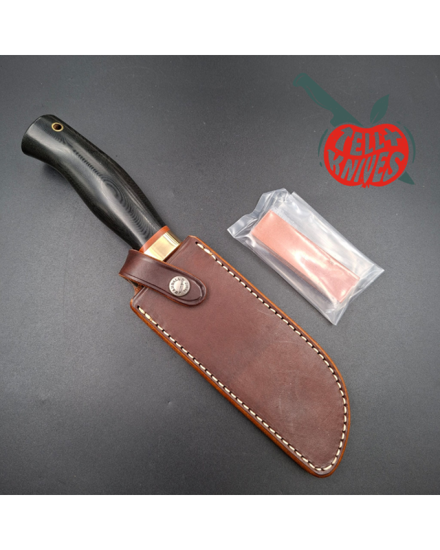 Randall Made Knives Chef's Knife forged stainless steel black micarta handle brass guard brown leather sheath