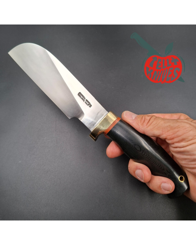 Randall Made Knives Chef's Knife forged stainless steel black micarta handle brass guard brown leather sheath