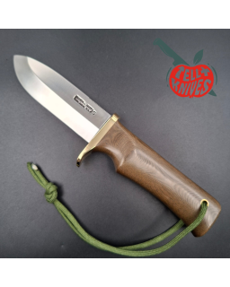 Randall Made Knives Model Fireman Special, forged stainless steel, brass guard, green Micarta single-finger grip handle