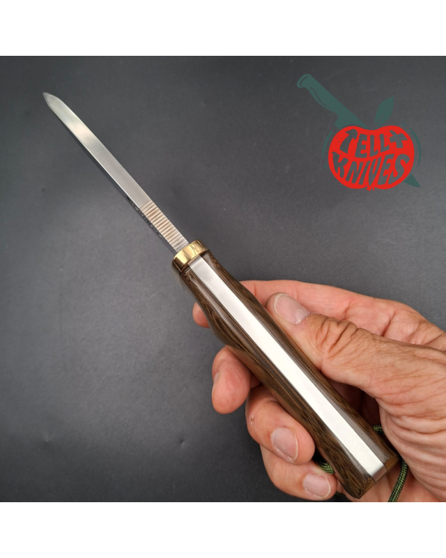 Randall Made Knives Model Fireman Special, forged stainless steel, brass guard, green Micarta single-finger grip handle
