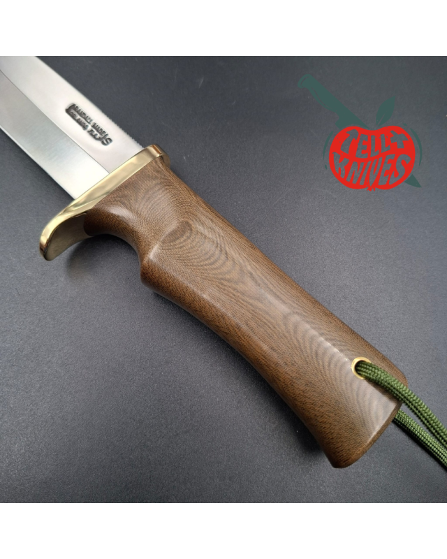 Randall Made Knives Model Fireman Special, forged stainless steel, brass guard, green Micarta single-finger grip handle