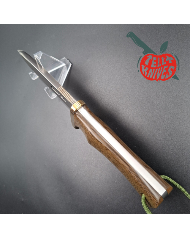 Randall Made Knives Model Fireman Special, forged stainless steel, brass guard, green Micarta single-finger grip handle