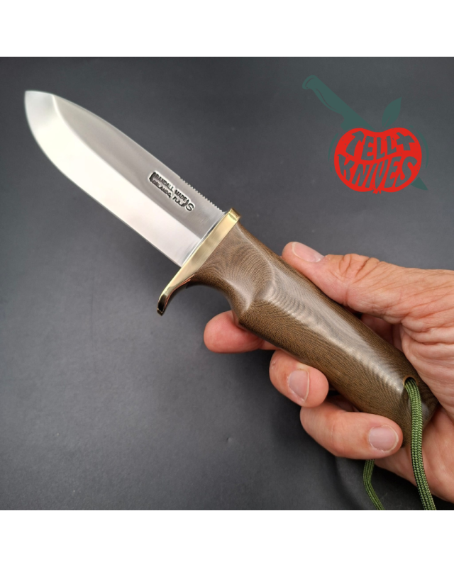 Randall Made Knives Model Fireman Special, forged stainless steel, brass guard, green Micarta single-finger grip handle