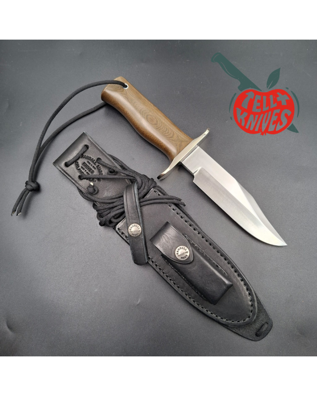 Randall Made Knives Model 15 Airman: forged carbon steel Bowie clip-point blade, brown micarta handle, nickel silver guard