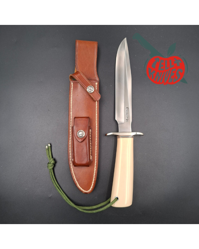Randall Made Knives Model 1-7 Westmoreland-style forged stainless steel ivorite handle brown leather sheath with stone