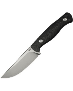 WE Knife Notchline mit feststehender Klinge, Stonewash-Oberfläche, CPM S35VN-Stahl, Griff aus Kohlefaser, schwarze Kydex-Scheide