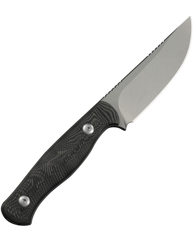 WE Knife Notchline mit feststehender Klinge, Stonewash-Oberfläche, CPM S35VN-Stahl, Griff aus Kohlefaser, schwarze Kydex-Scheide