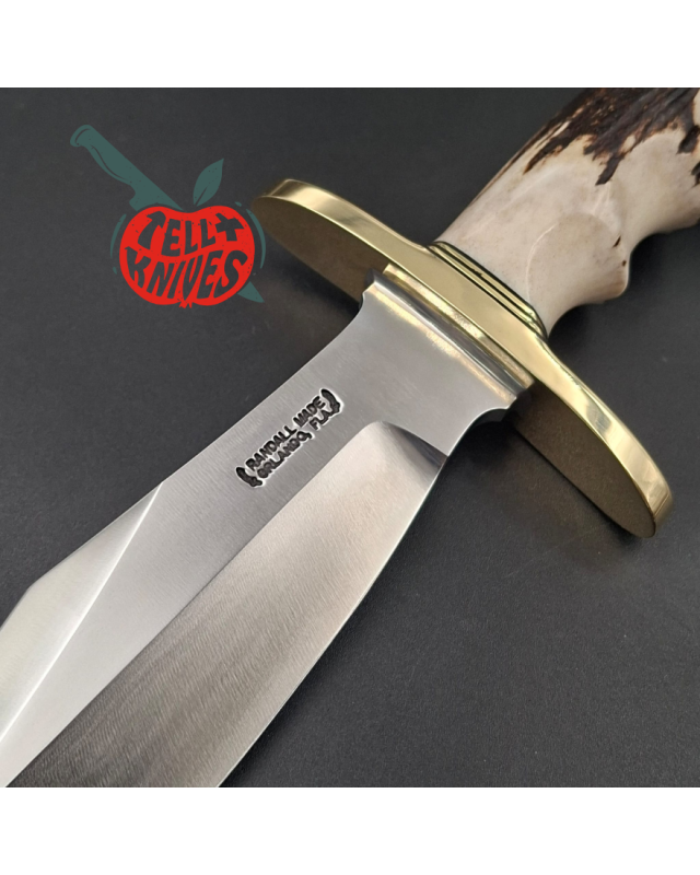 Randall Made Knives Model 12 – 8 Bear Bowie, forged carbon steel, 4-finger grip, stag handle, brass guard and pommel