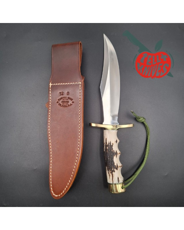 Randall Made Knives Model 12 – 8 Bear Bowie, forged carbon steel, 4-finger grip, stag handle, brass guard and pommel