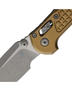 Microtech LUDT M390MK steel Drop Point Apocalyptic finish blade frag pattern Tan aluminum handle RAM Lock