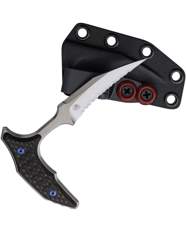Microtech BEE Marfione Select – lame M390 Stonewash satin, fibre de carbone et titane bronze – Full Serrated