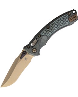 Microtech Mini Amphibian Marfione Select – lame acier M390MK Bronze Stonewash manche titane Antique Blue Frag
