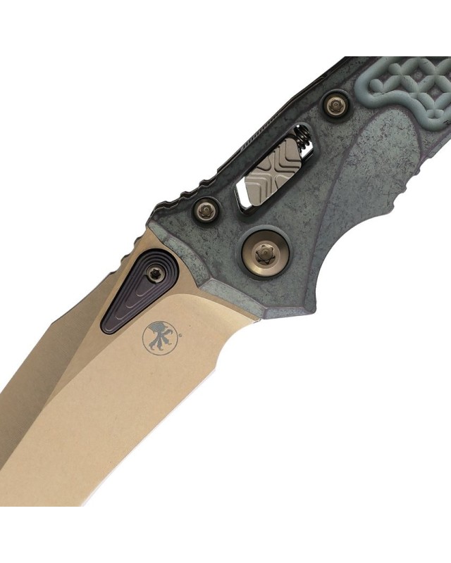 Microtech Mini Amphibian Marfione Select – lame acier M390MK Bronze Stonewash manche titane Antique Blue Frag
