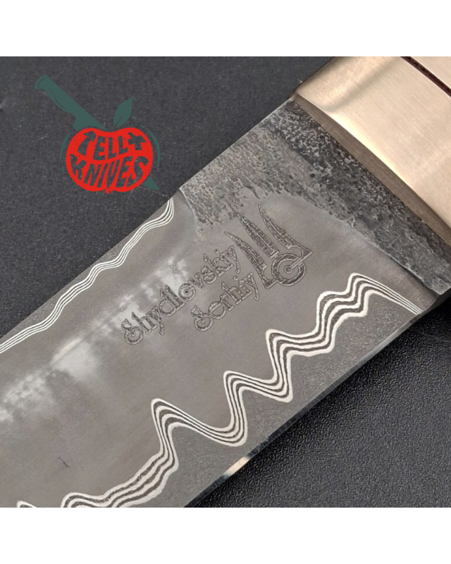 Sergey Shidlovskiy Custom Knives Dandy – Acier laminé CruWear / N690 manche en os de baleine teinté bleu