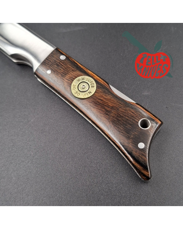 Al Mar Gunstock I 8501 – lame acier inoxydable 6A manche Titanwood étui cuir – Seki Japan