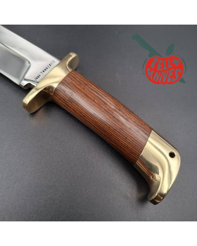 Jean Tanazacq Tronçay 1 – lame acier 440C forgé finition miroir manche noyer garde et pommeau laiton étui cuir