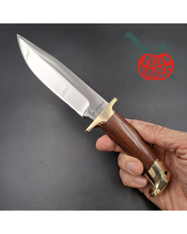 Jean Tanazacq Tronçay 1 – lame acier 440C forgé finition miroir manche noyer garde et pommeau laiton étui cuir