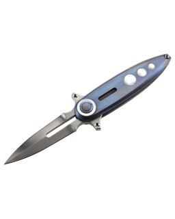 Paul Chen Hanwei Starship  – Lame acier inox ATS-34 manche titane anodisé bleu inserts nacre Switzerland Legal
