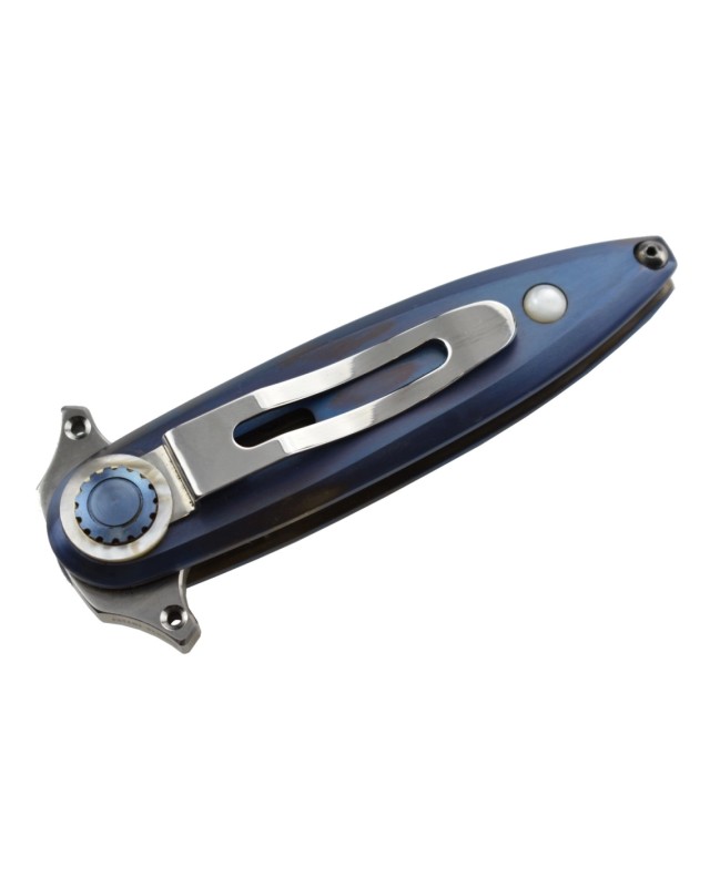 Paul Chen Hanwei Starship  – Lame acier inox ATS-34 manche titane anodisé bleu inserts nacre Switzerland Legal