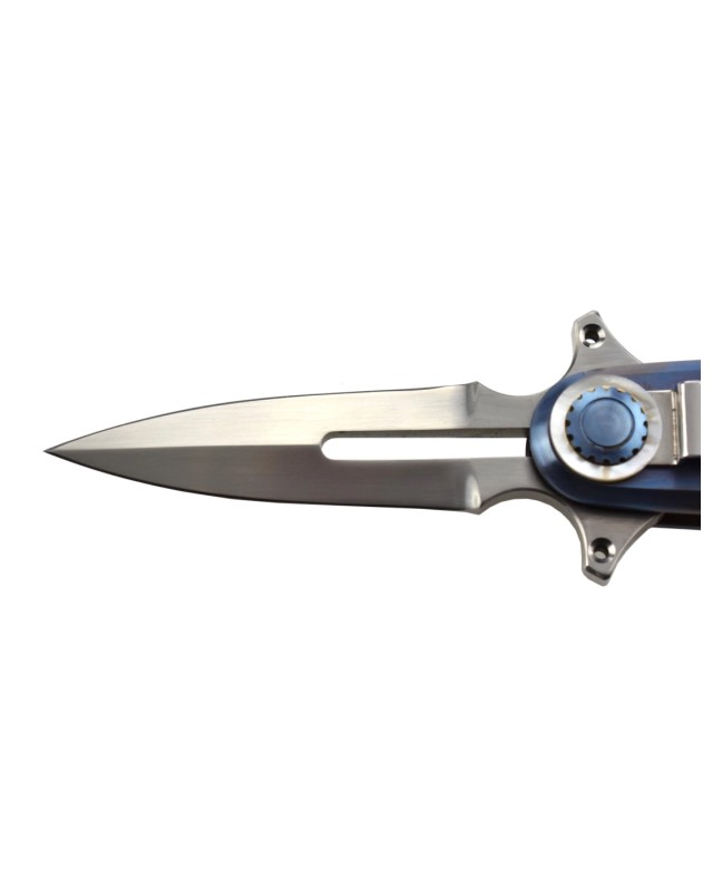 Paul Chen Hanwei Starship  – Lame acier inox ATS-34 manche titane anodisé bleu inserts nacre Switzerland Legal
