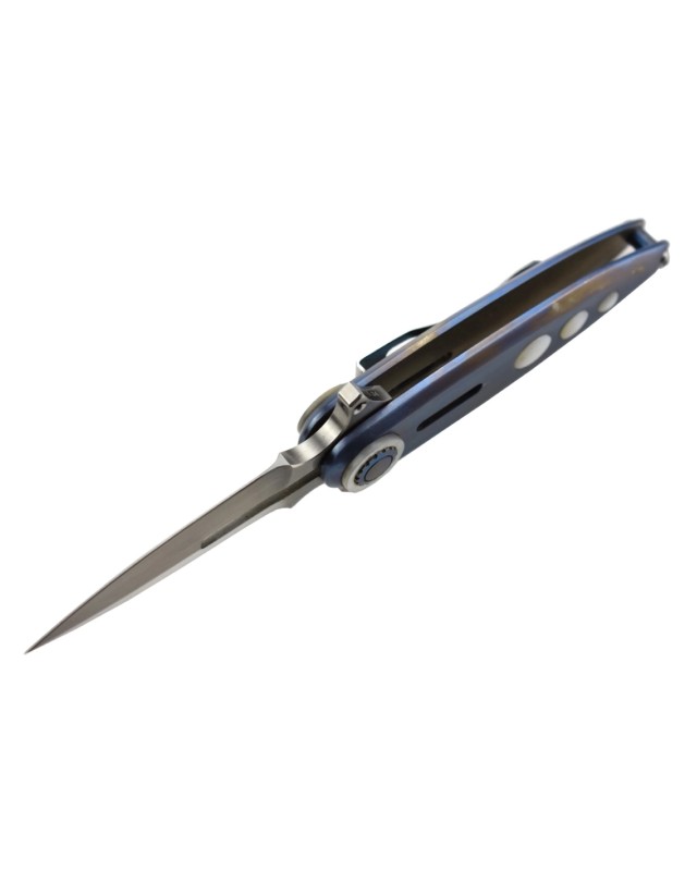 Paul Chen Hanwei Starship  – Lame acier inox ATS-34 manche titane anodisé bleu inserts nacre Switzerland Legal