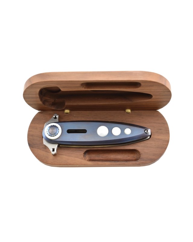 Paul Chen Hanwei Starship  – Lame acier inox ATS-34 manche titane anodisé bleu inserts nacre Switzerland Legal