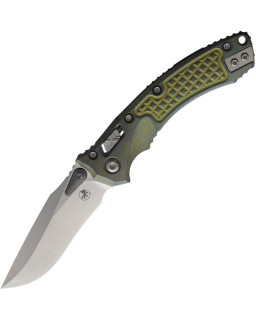 Microtech Mini Amphibian Marfione Select – lame acier M390MK Stonewash manche titane Antique Gold Blue Frag