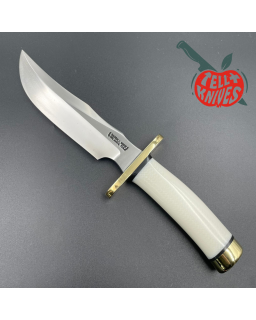 Randall Made Knives Model 4-6F Fighter forged carbon steel white micarta handle brass guard brown leather sheath